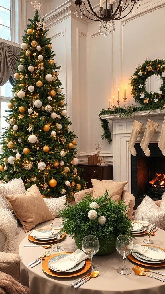 Aesthetic Christmas Decor Ideas Aesthetic Christmas living room with a decorated tree, cozy textiles, and a festive tablescape.